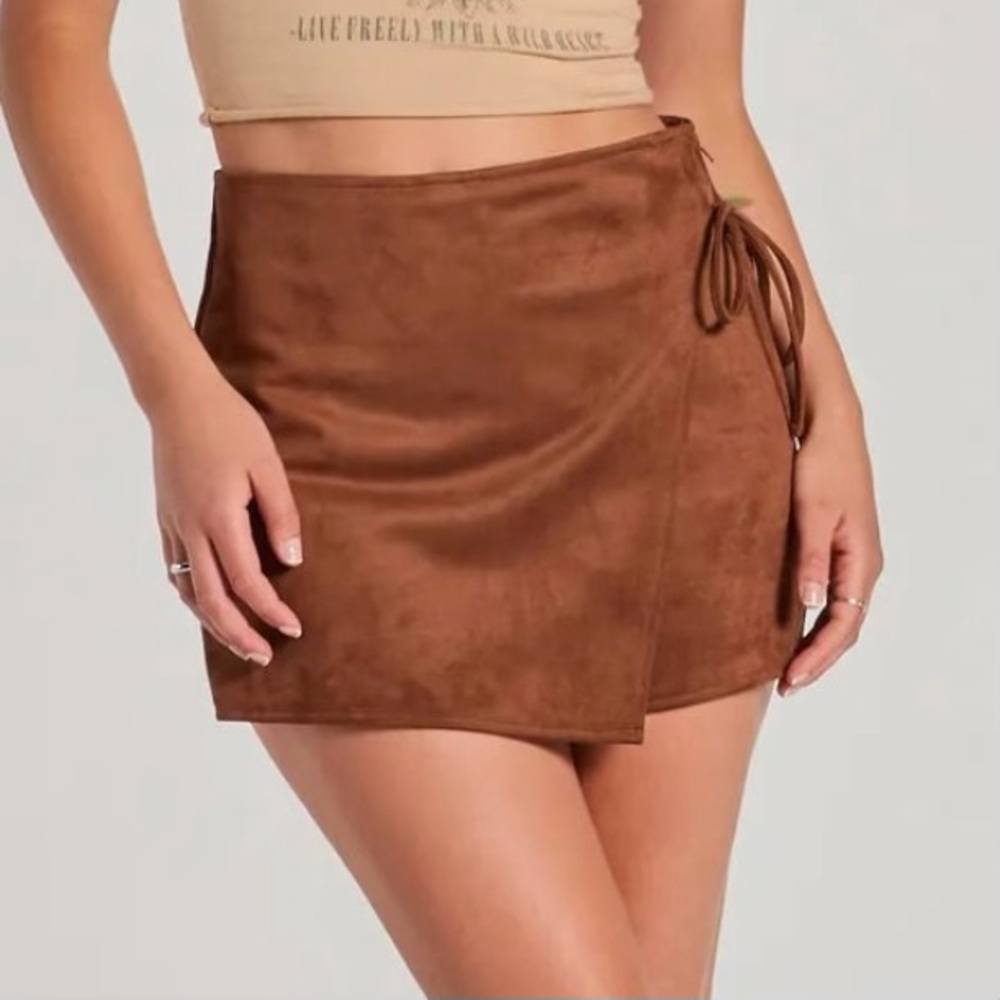 Faux Suede Mini Skort with Tie Detail, Sz S